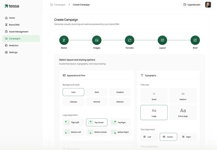 Create Campaign as a five-step stepper (Brand, Images, Formats, Layout, Brief) with layout and typography options.