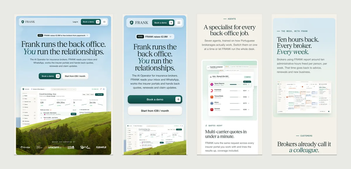 FRANK at tablet and phone width: the tablet first fold and three phone screens from down the page.