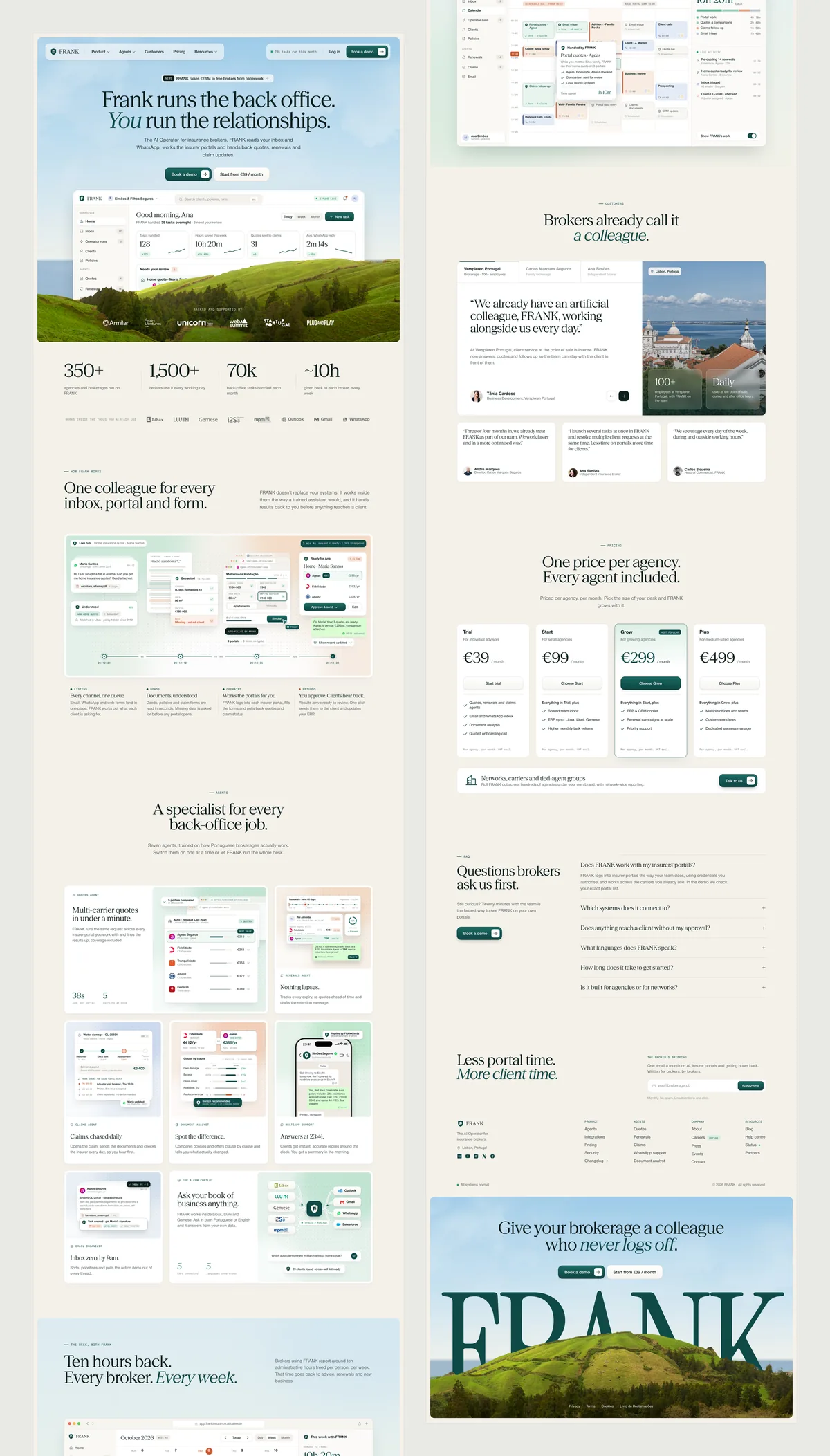 The whole FRANK concept landing at 1440, split into two columns: hero, proof, how it works, agents, time back, testimonials, pricing, FAQ and the closing hillside.