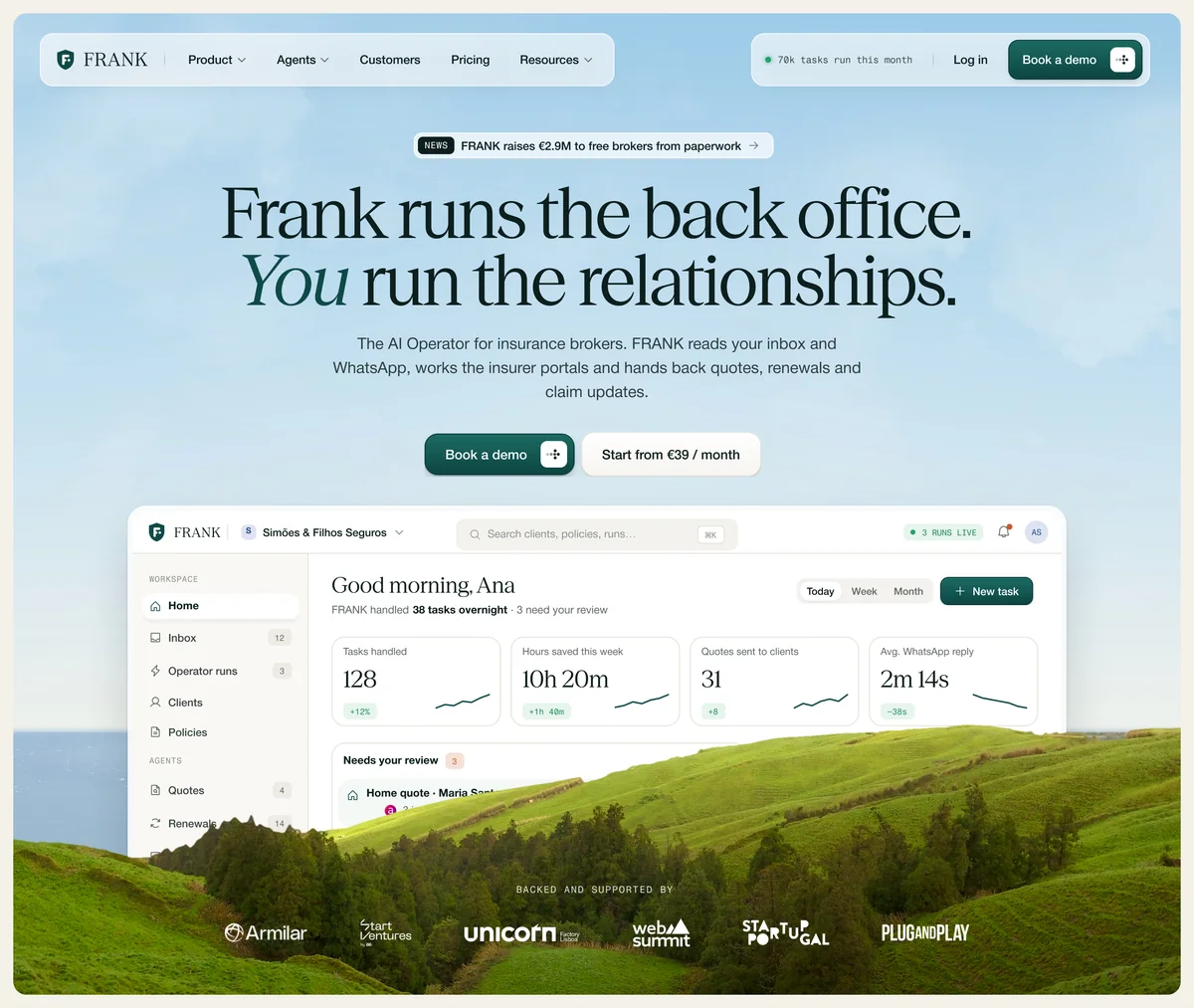 FRANK concept landing: “Frank runs the back office. You run the relationships.” above a broker workspace showing 128 tasks overnight, 10h 20m saved and 31 quotes sent, over a green hillside.