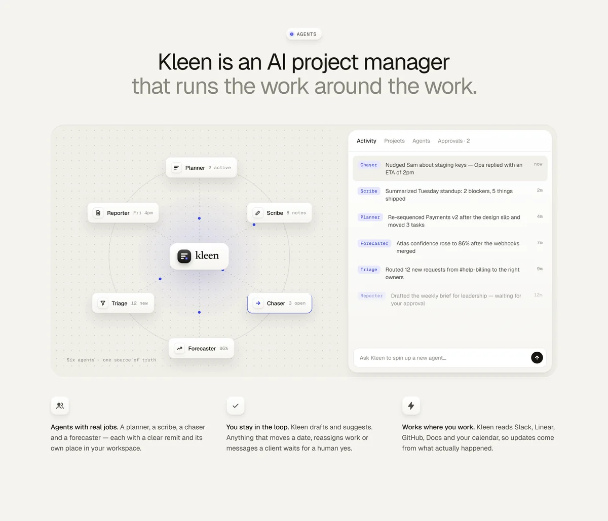 Kleen agents section: an orbit of six agents around the Kleen logo, and an activity feed.