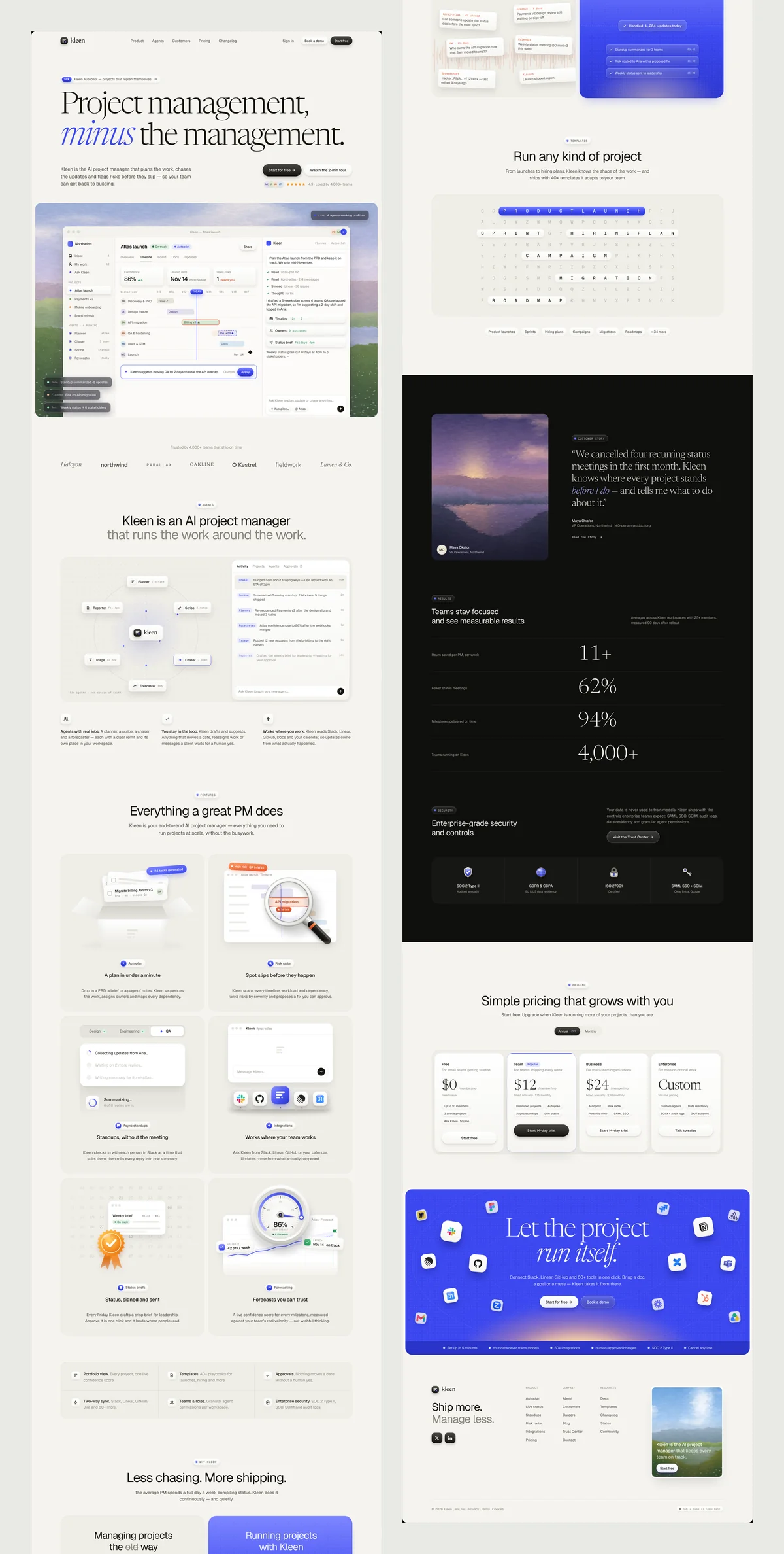 The whole Kleen landing at 1440, split into two columns: hero with the product UI, features, agents, testimonials, pricing and the closing CTA.