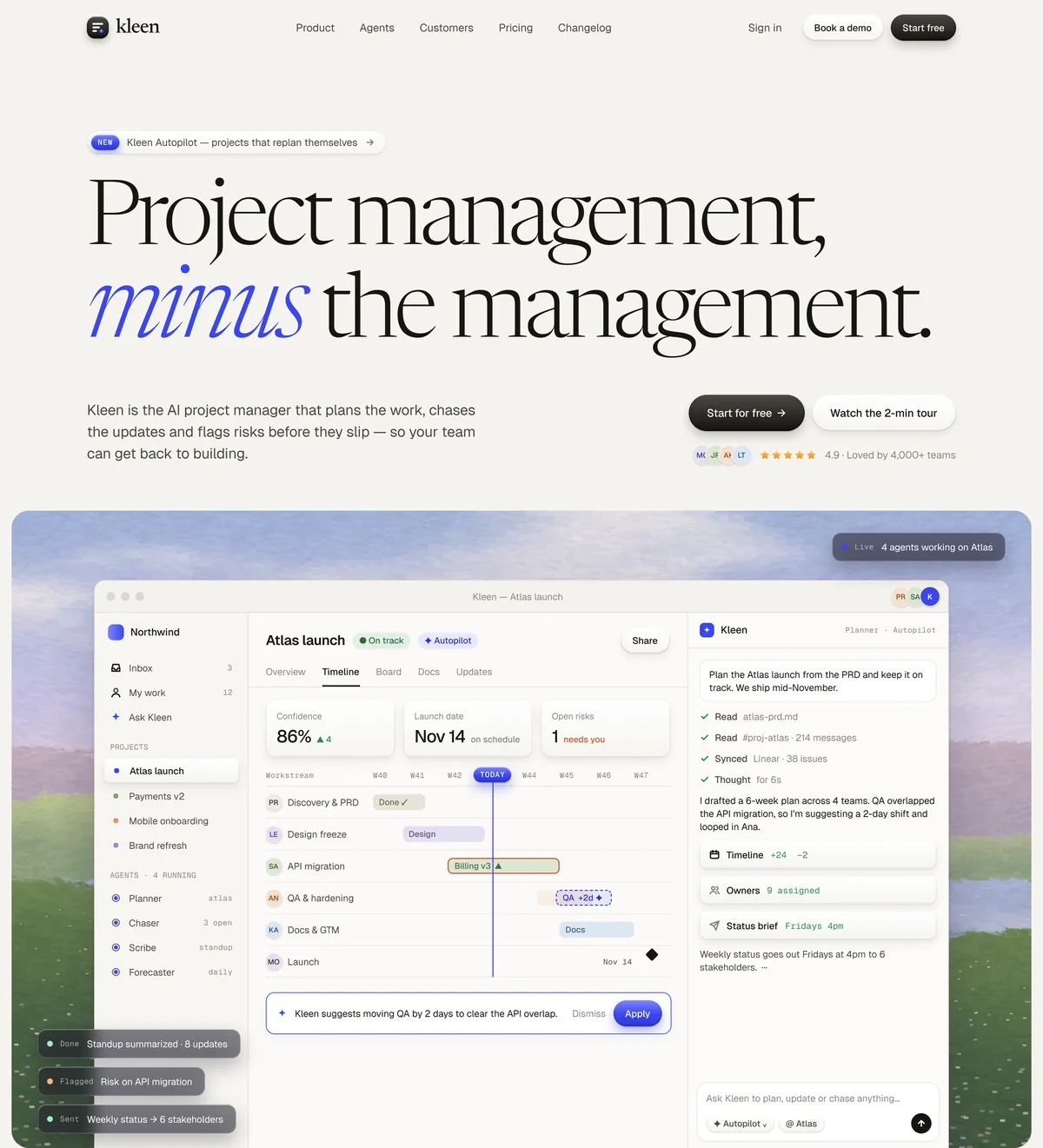 Kleen landing: “Project management, minus the management.” above the Atlas launch timeline inside a painterly landscape.