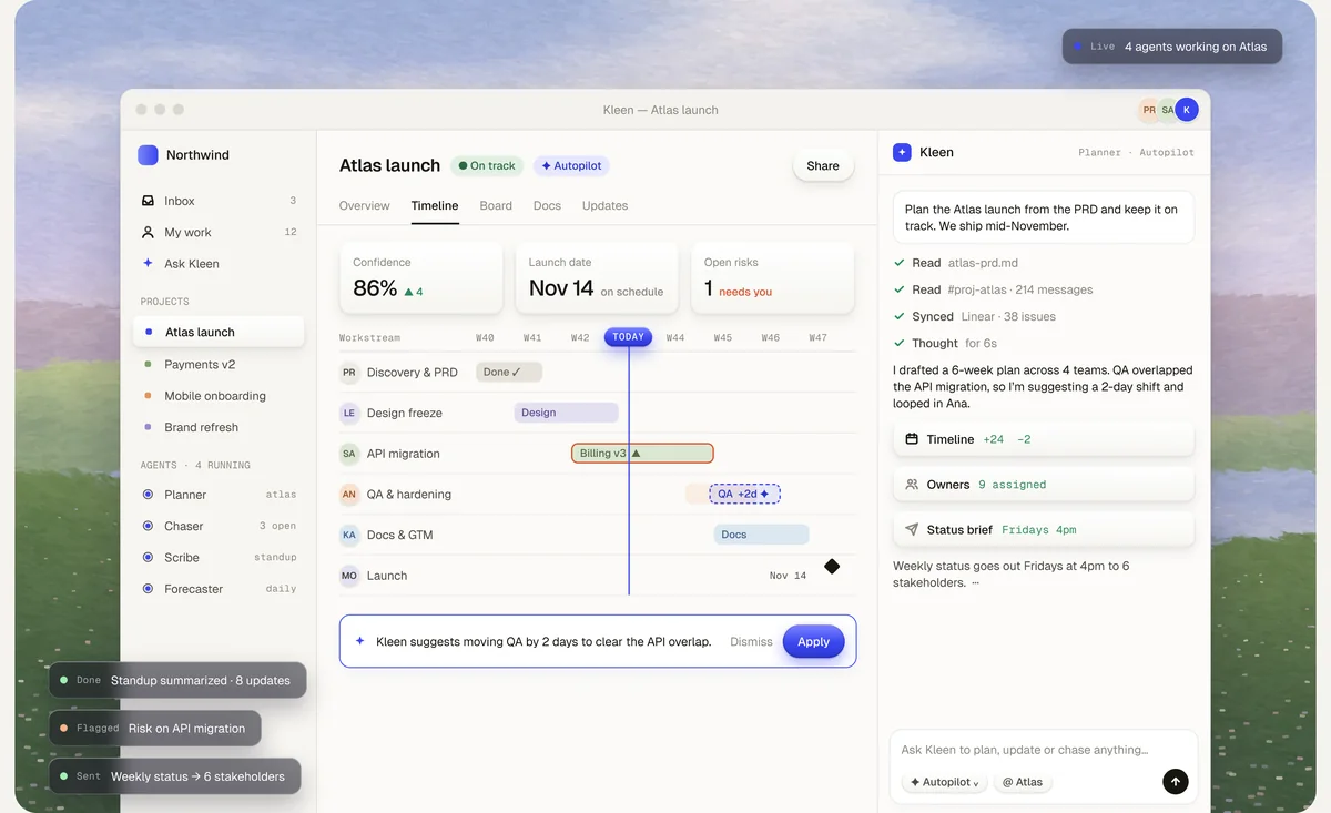 Kleen product UI: Atlas launch timeline with confidence 86%, launch date Nov 14 and a suggestion to move QA by two days.