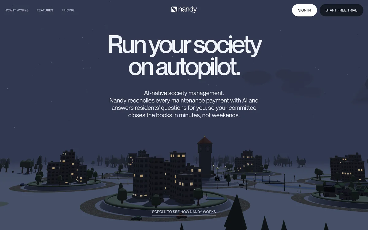 Nandy landing: “Run your society on autopilot.” over a 3D village at night.