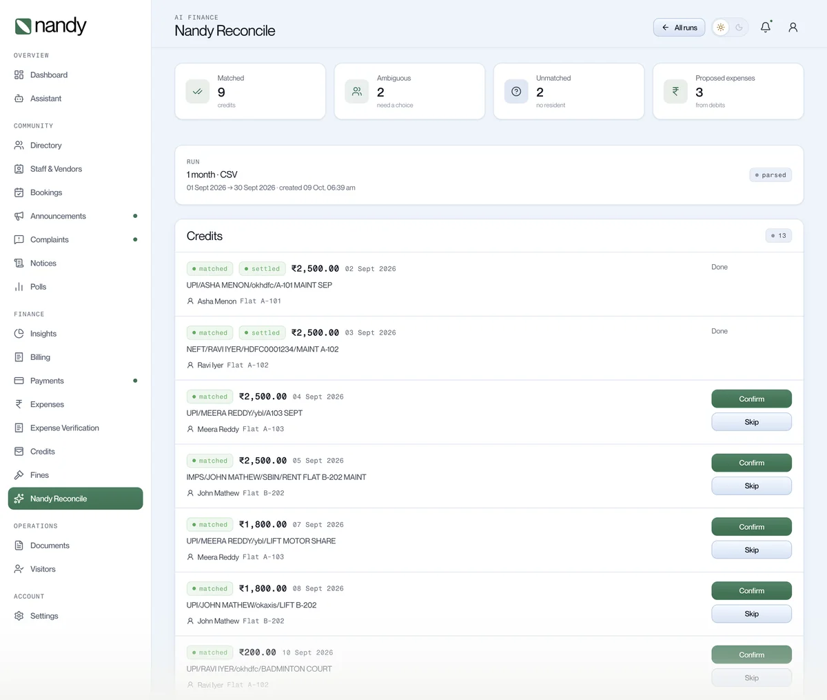 Nandy Reconcile result: 9 matched, 2 ambiguous, 2 unmatched, 3 proposed expenses, with a list of credits and Confirm buttons.