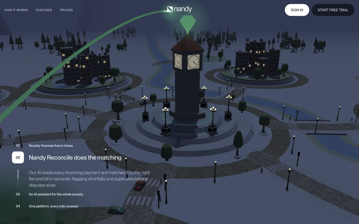 Nandy landing scroll chapter: the village clock tower with “Nandy Reconcile does the matching”.