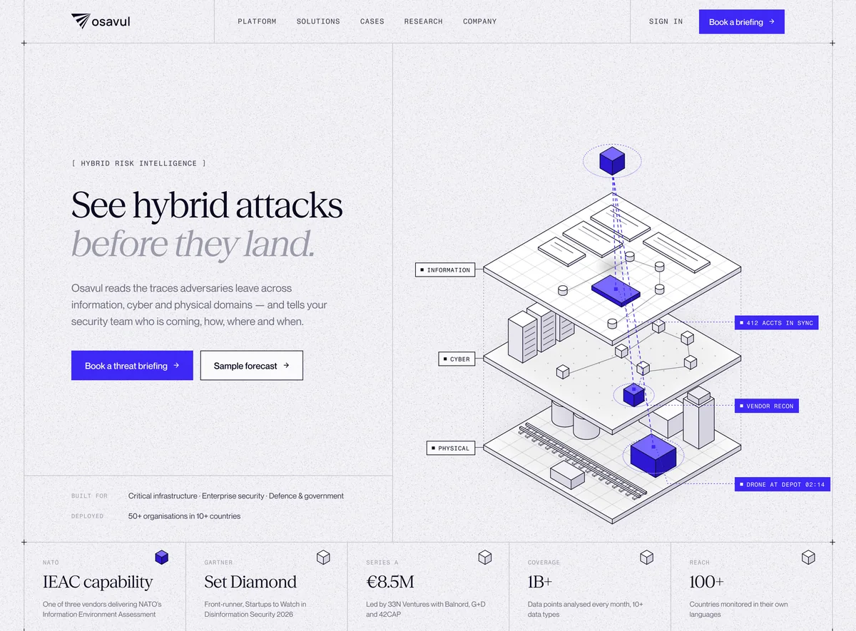 Osavul concept landing in signal indigo: “See hybrid attacks before they land.” beside an isometric stack of information, cyber and physical layers.