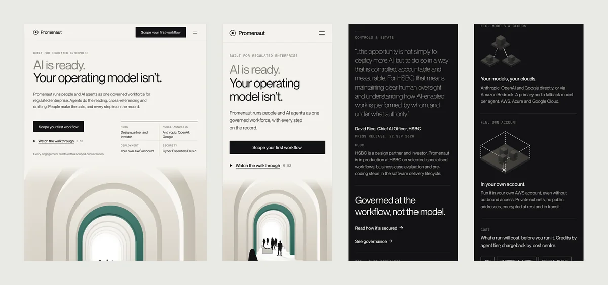 Promenaut at tablet and phone width: the tablet first fold and three phone screens from down the page.