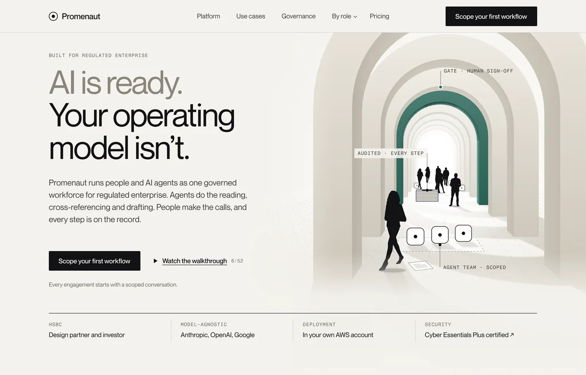 Promenaut concept landing: “AI is ready. Your operating model isn’t.” beside a sculpted corridor of arches with pictogram people, an agent team and a human sign-off gate.