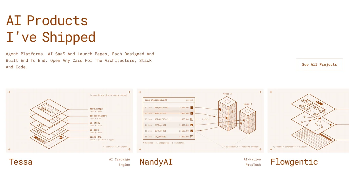 quixt.dev work section: Tessa, NandyAI and Flowgentic drawn as isometric diagrams.