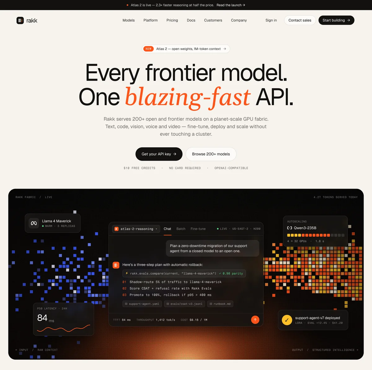 Rakk landing: “Every frontier model. One blazing-fast API.” above a GPU fabric of coloured squares and a live chat console.