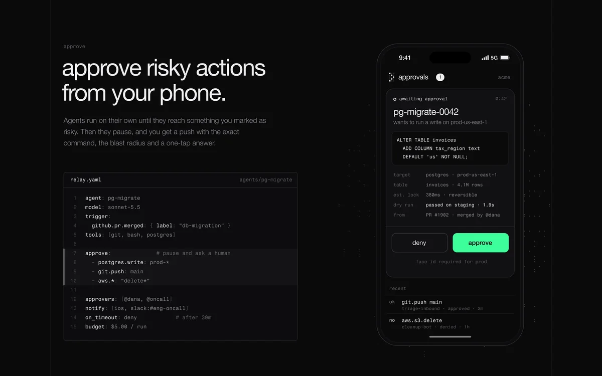 Relay approval section: a policy file beside a phone approving pg-migrate-0042.