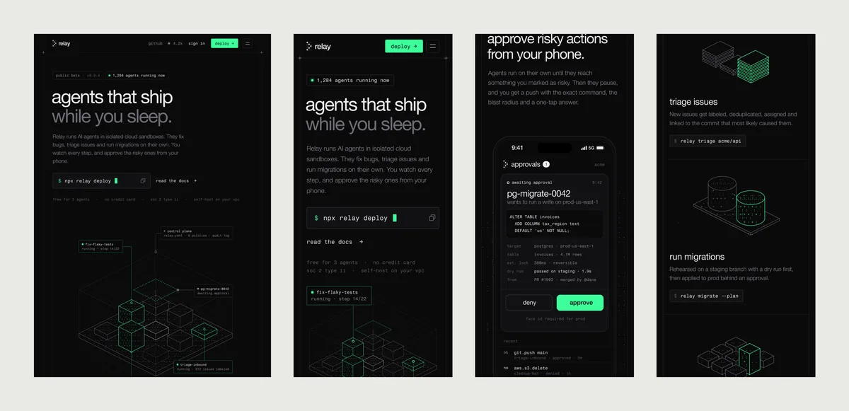 Relay at tablet and phone width: the tablet first fold and three phone screens from down the page.