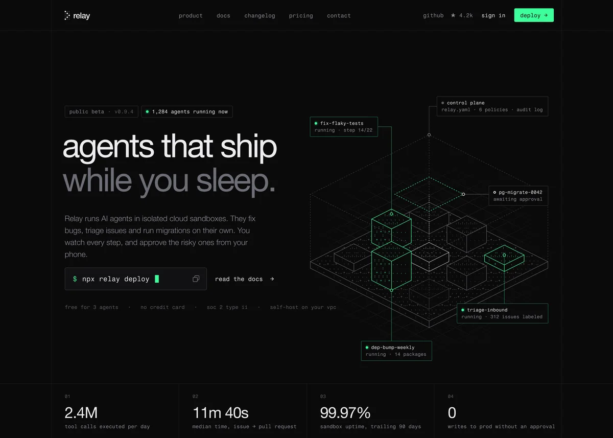 Relay landing: “agents that ship while you sleep.” beside an isometric grid of agent sandboxes with live callouts.