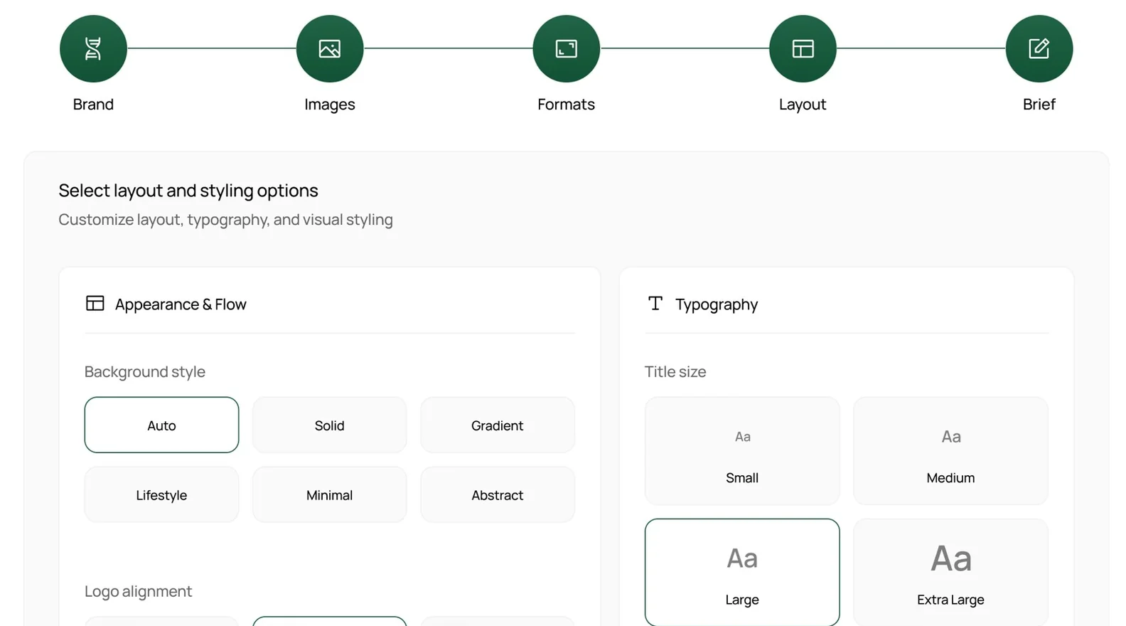 Tessa's Create Campaign step: a stepper (Formats, Layout, Brief) above layout and typography options.