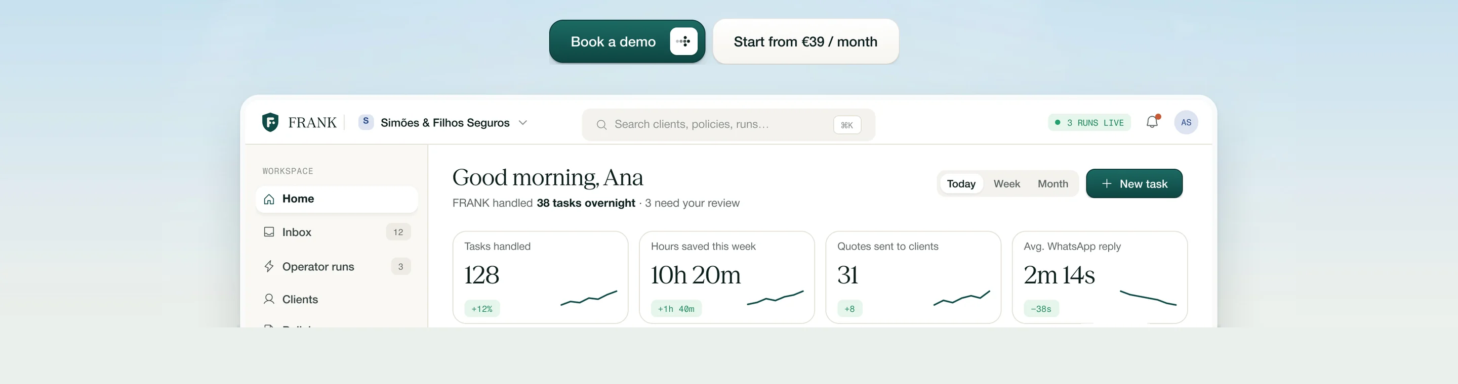 FRANK concept landing: the sub-copy, Book a demo and Start from €39 / month buttons, and the top of the product dashboard (search, 3 runs live, New task).