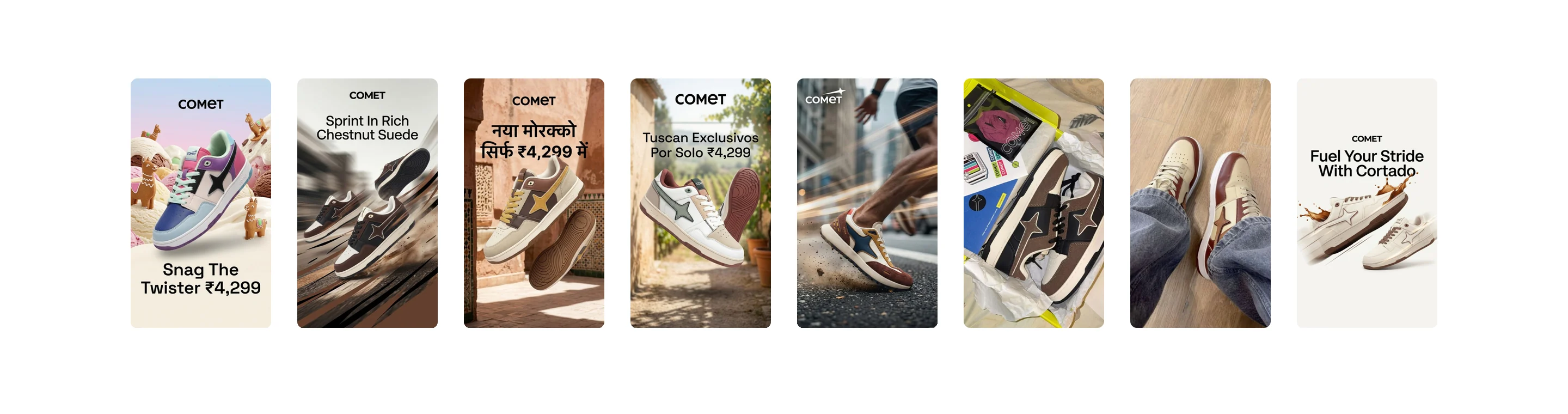 Tessa’s generated assets for the Comet sneaker campaign: stories in Hindi and Spanish and an FB story, each with Edit with Tessa and download buttons.
